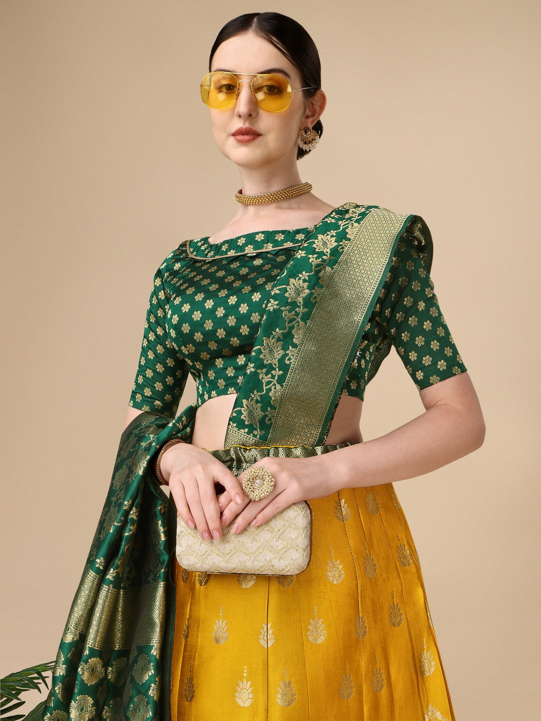 Yellow Brocade Lehenga Choli Set with Unstitched Blouse