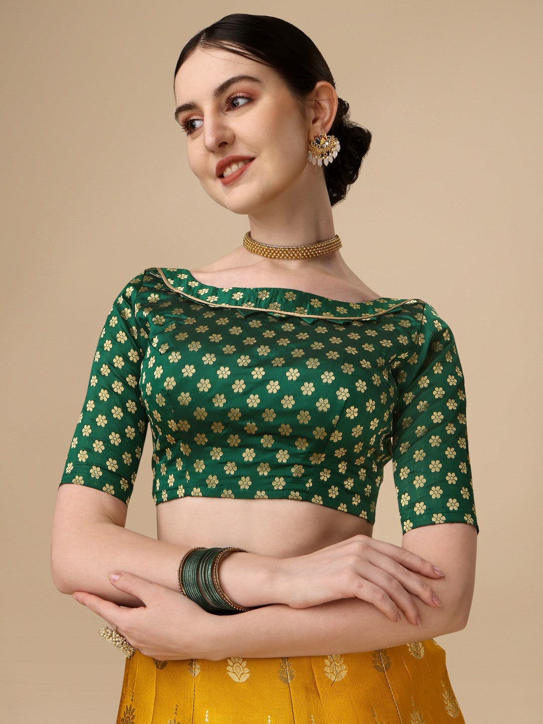 Yellow Brocade Lehenga Choli Set with Unstitched Blouse