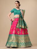 Pink brocade lehenga skirt with matching unstitched blouse fabric and dupatta