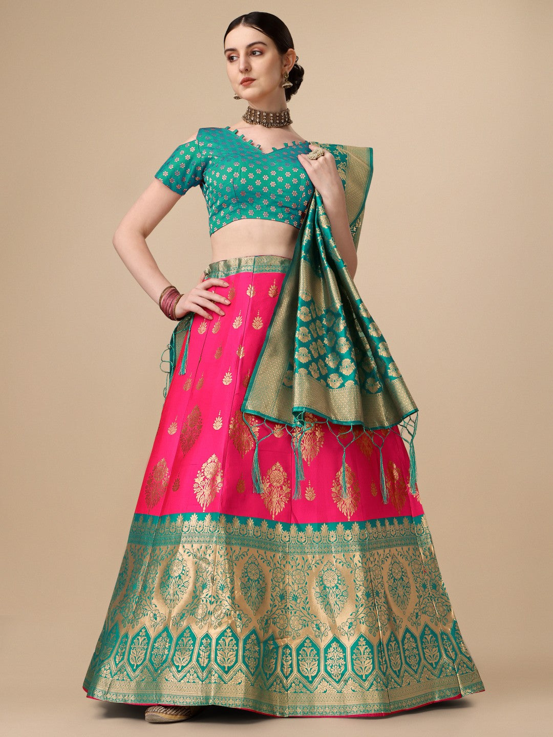 Pink brocade lehenga skirt with matching unstitched blouse fabric and dupatta