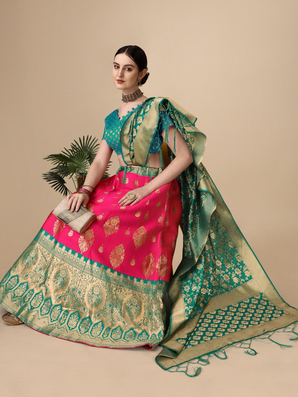 Pink Brocade Semi-Stitched Lehenga with Unstitched Blouse Set