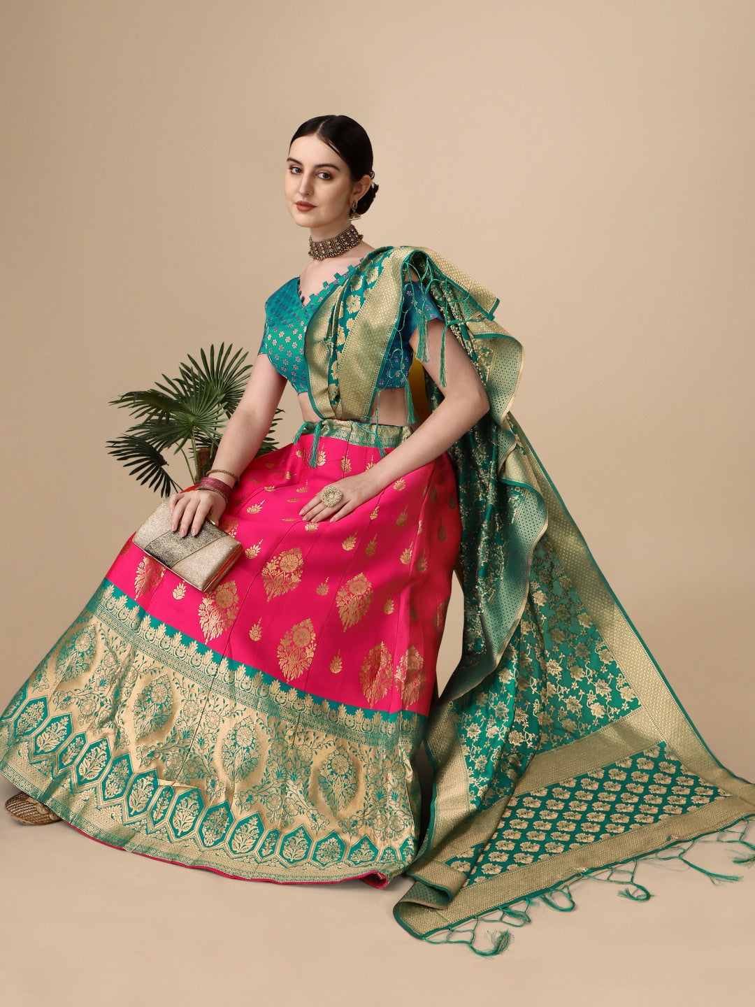 Pink Brocade Semi-Stitched Lehenga with Unstitched Blouse Set