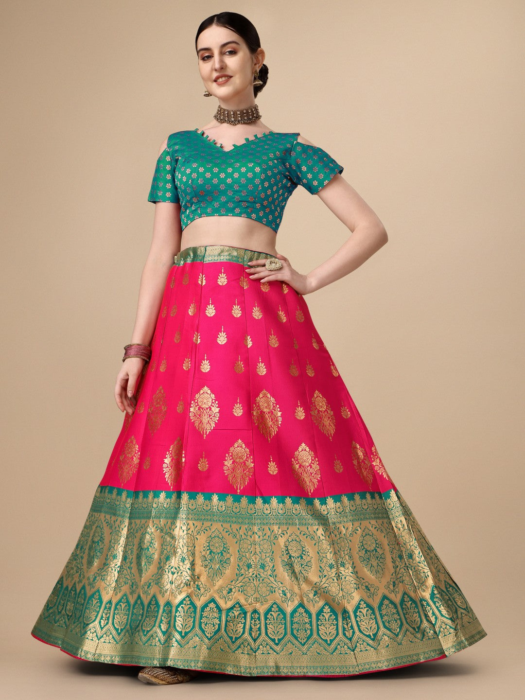 Pink Brocade Semi-Stitched Lehenga with Unstitched Blouse Set