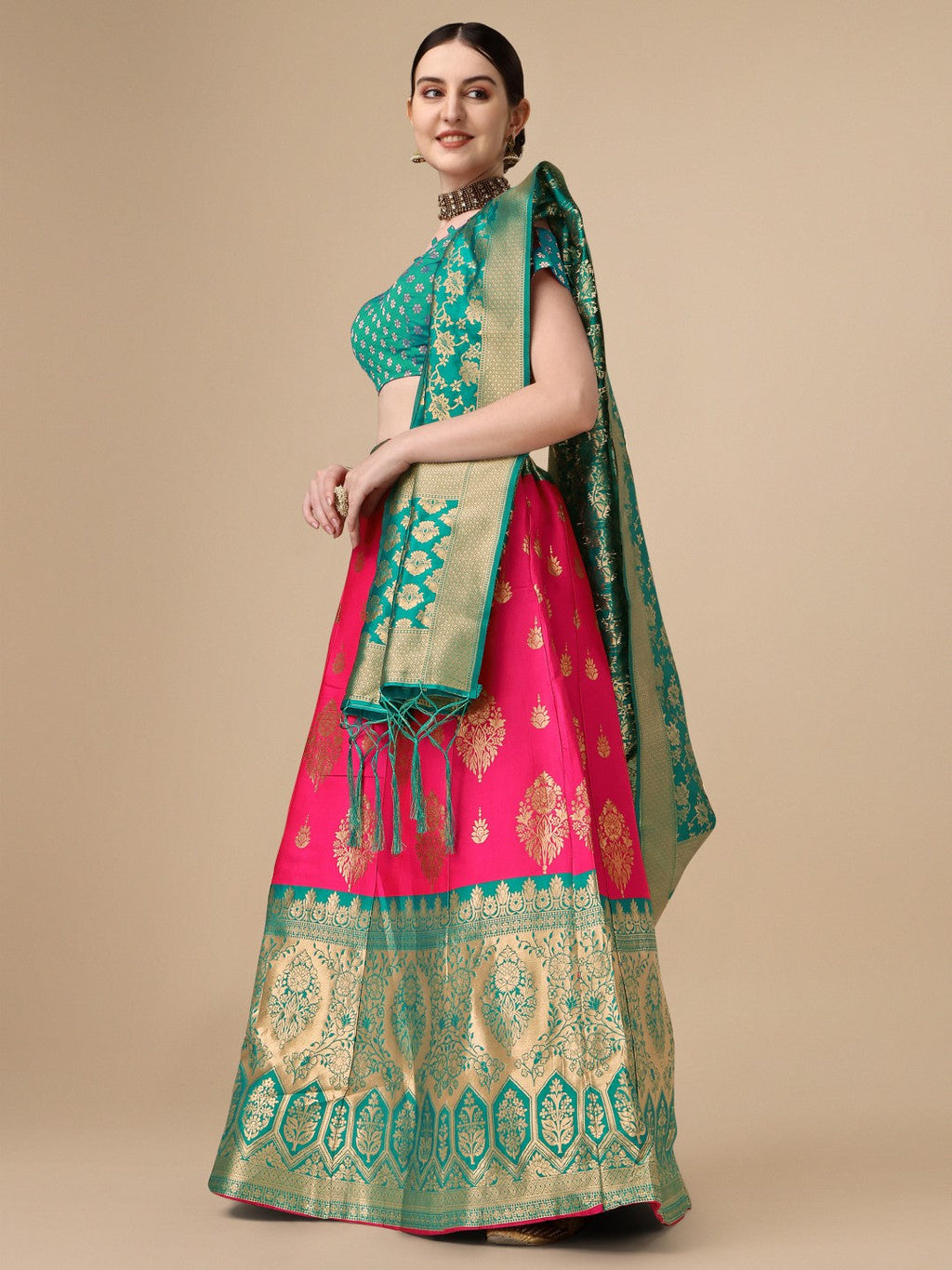 Pink Brocade Semi-Stitched Lehenga with Unstitched Blouse Set
