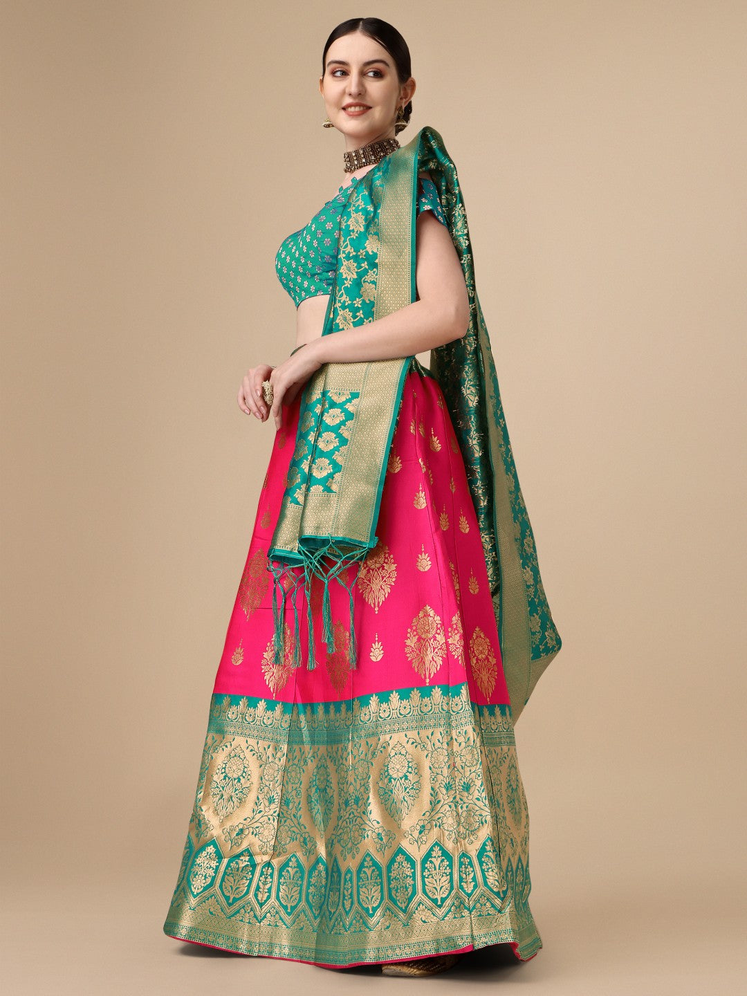 Pink Brocade Semi-Stitched Lehenga with Unstitched Blouse Set