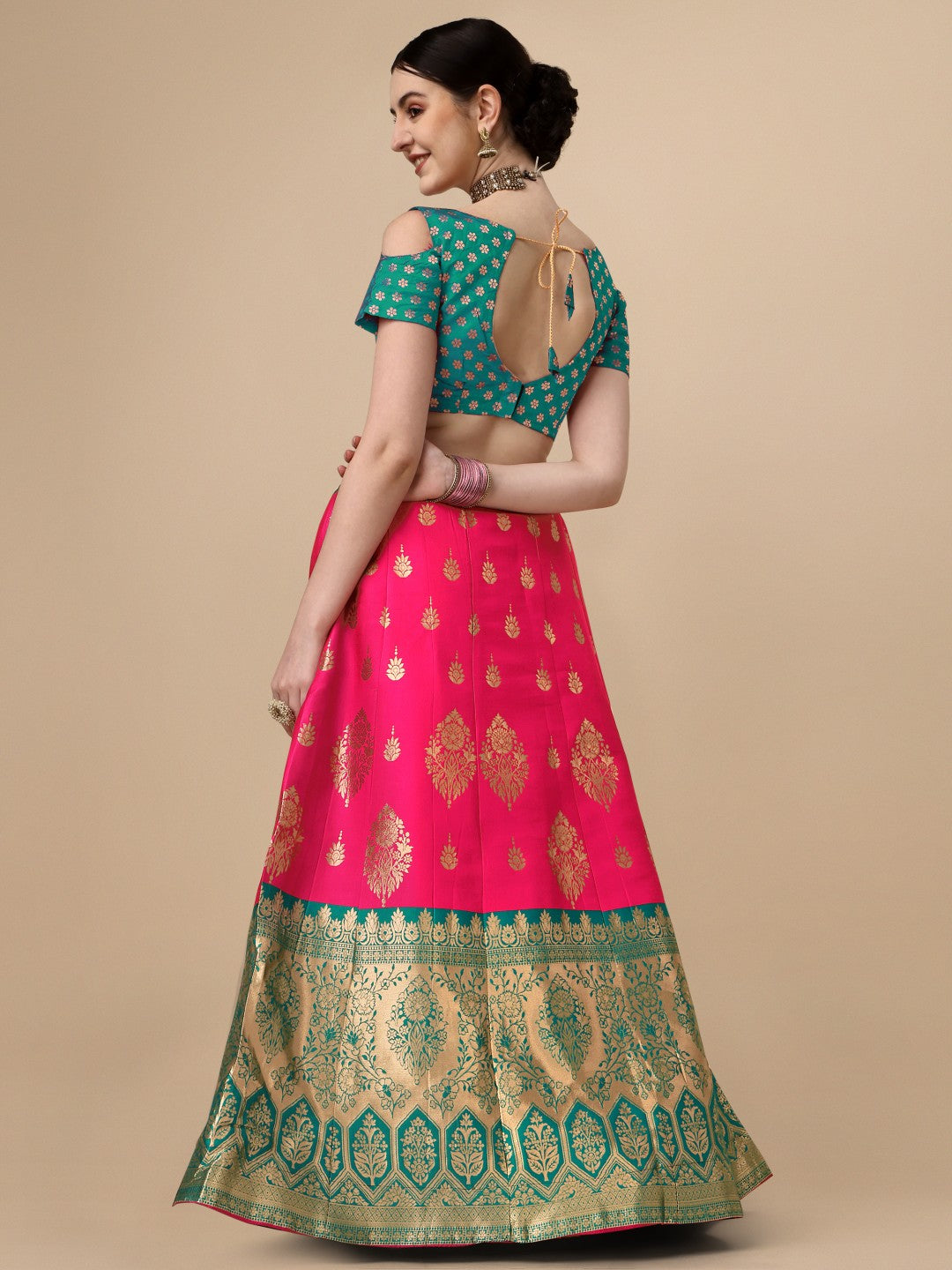Pink Brocade Semi-Stitched Lehenga with Unstitched Blouse Set
