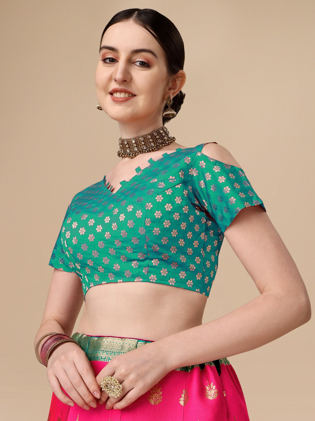 Pink Brocade Semi-Stitched Lehenga with Unstitched Blouse Set