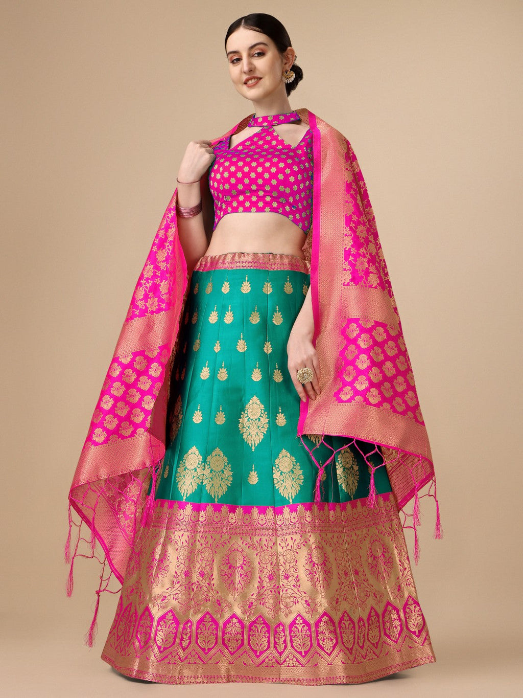 Traditional Rama brocade jacquard lehenga in teal and gold with unstitched blouse piece