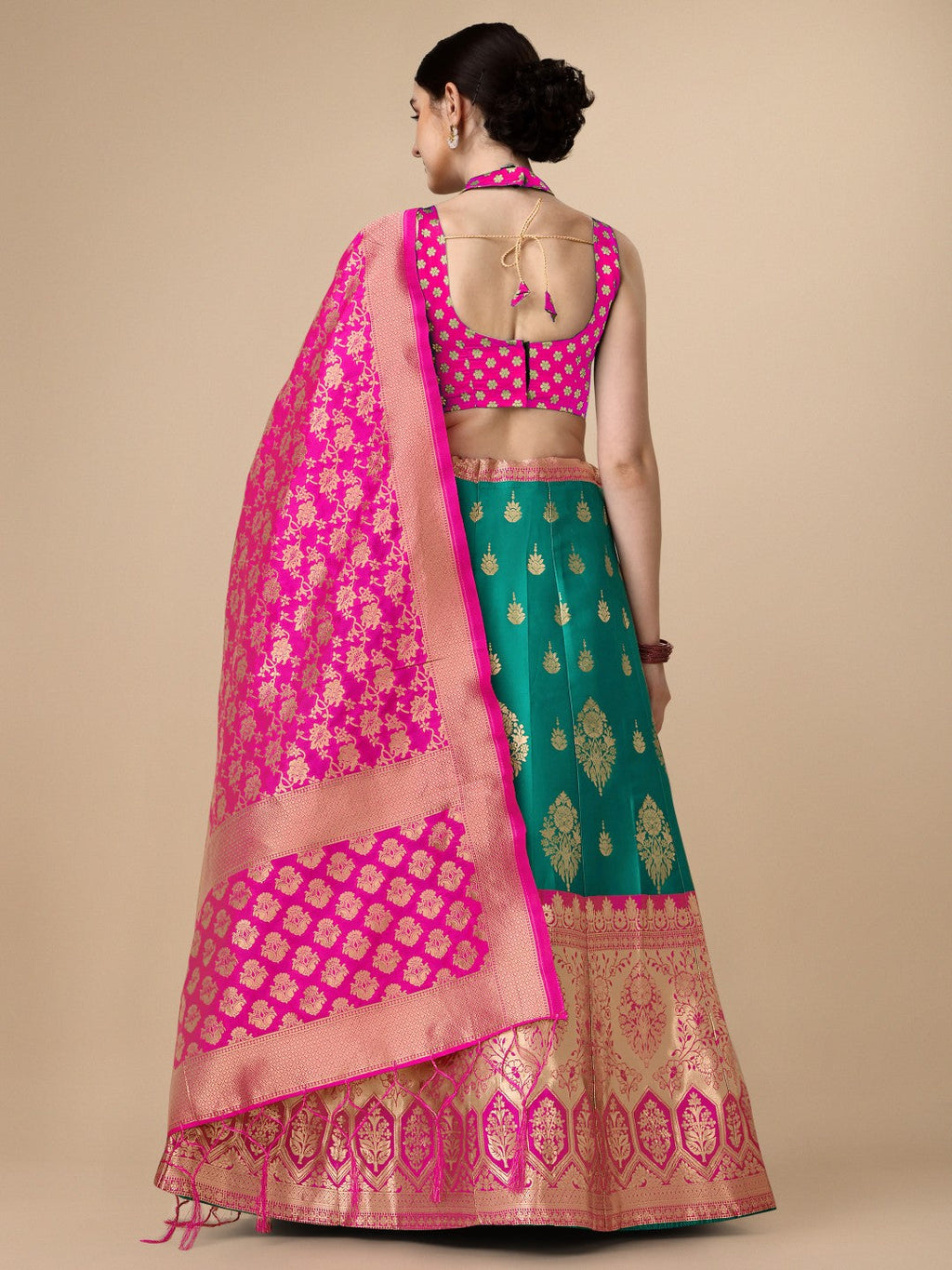 Rama Brocade Lehenga Set with Unstitched Blouse in Teal and Gold