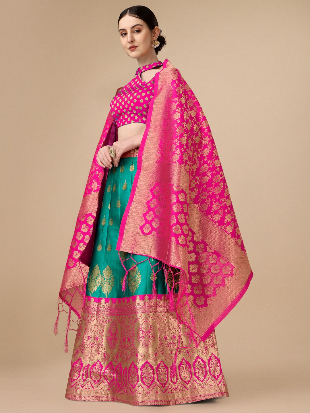 Rama Brocade Lehenga Set with Unstitched Blouse in Teal and Gold