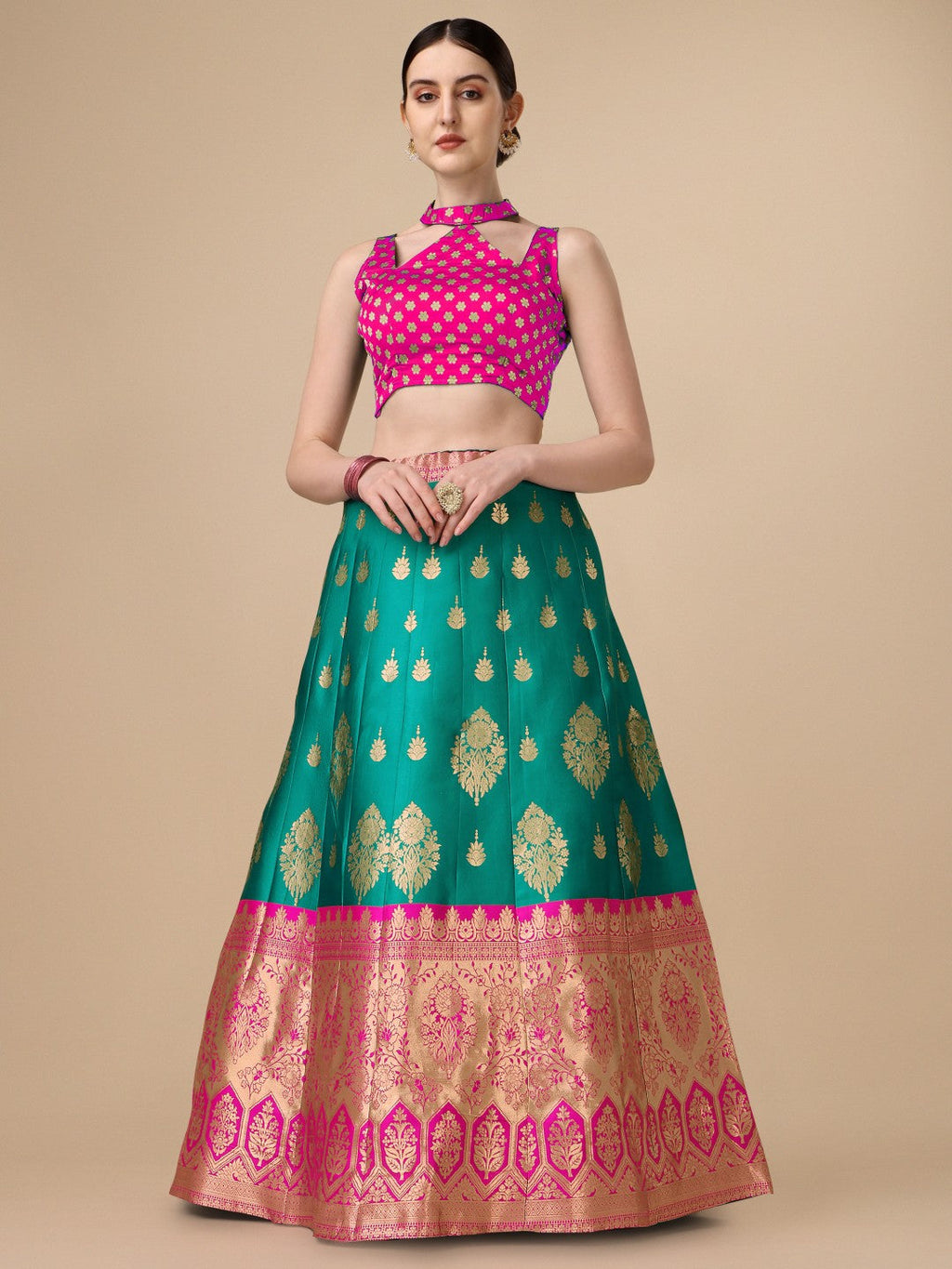 Rama Brocade Lehenga Set with Unstitched Blouse in Teal and Gold