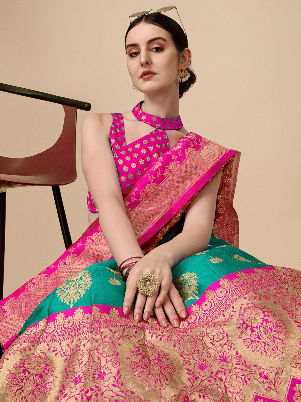 Rama Brocade Lehenga Set with Unstitched Blouse in Teal and Gold