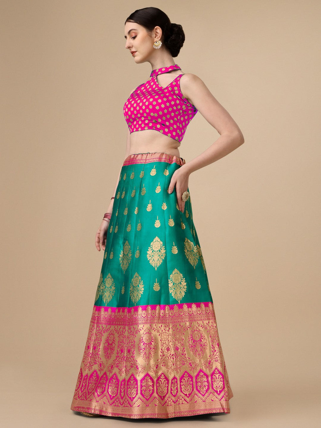 Rama Brocade Lehenga Set with Unstitched Blouse in Teal and Gold