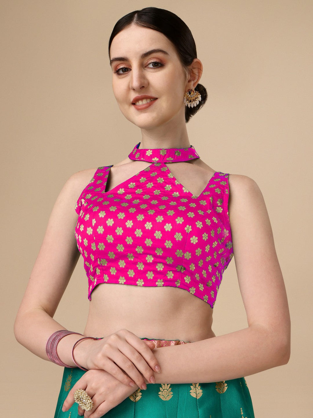 Rama Brocade Lehenga Set with Unstitched Blouse in Teal and Gold