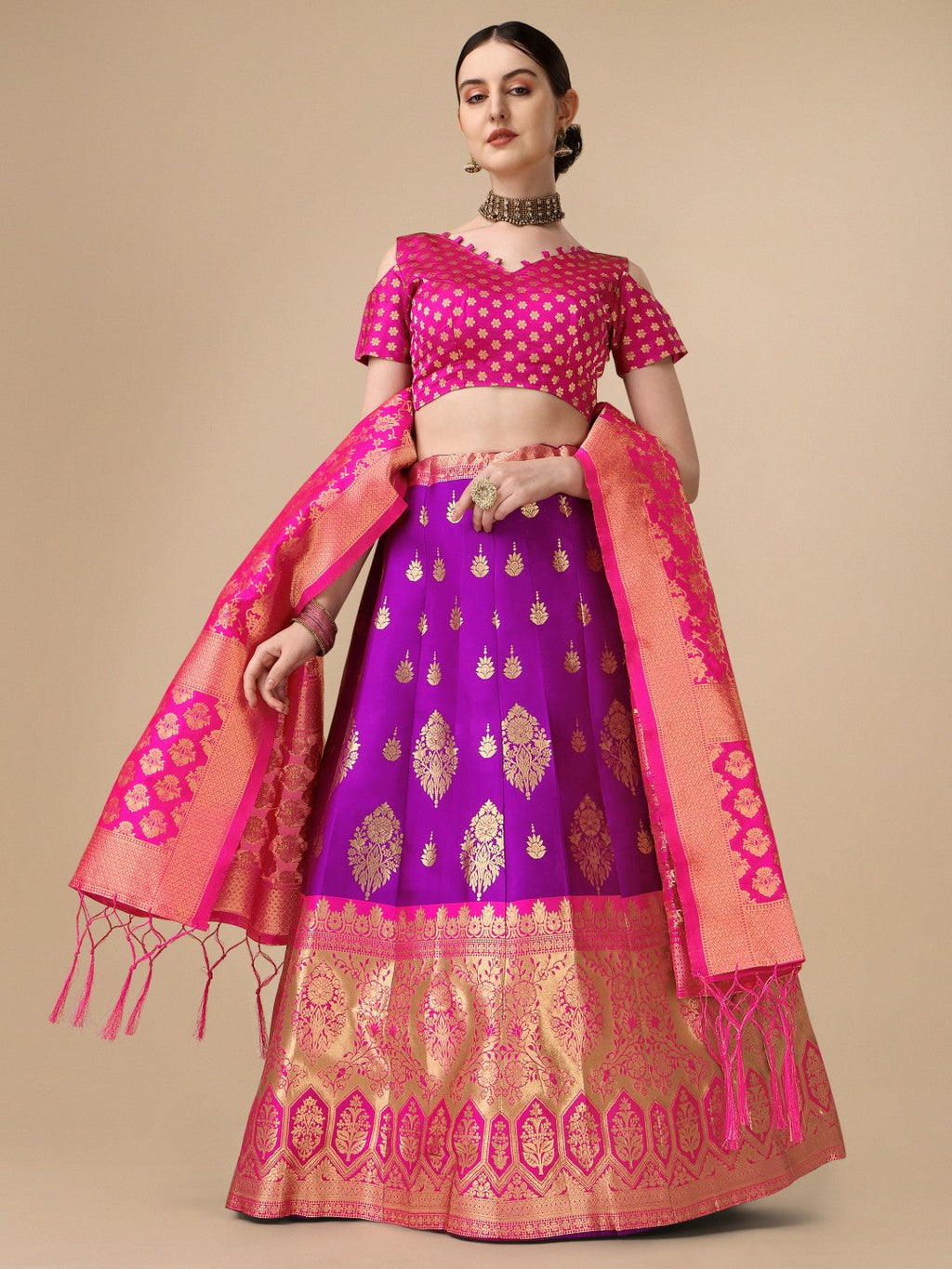 Rich purple brocade jacquard lehenga with unstitched blouse piece and dupatta
