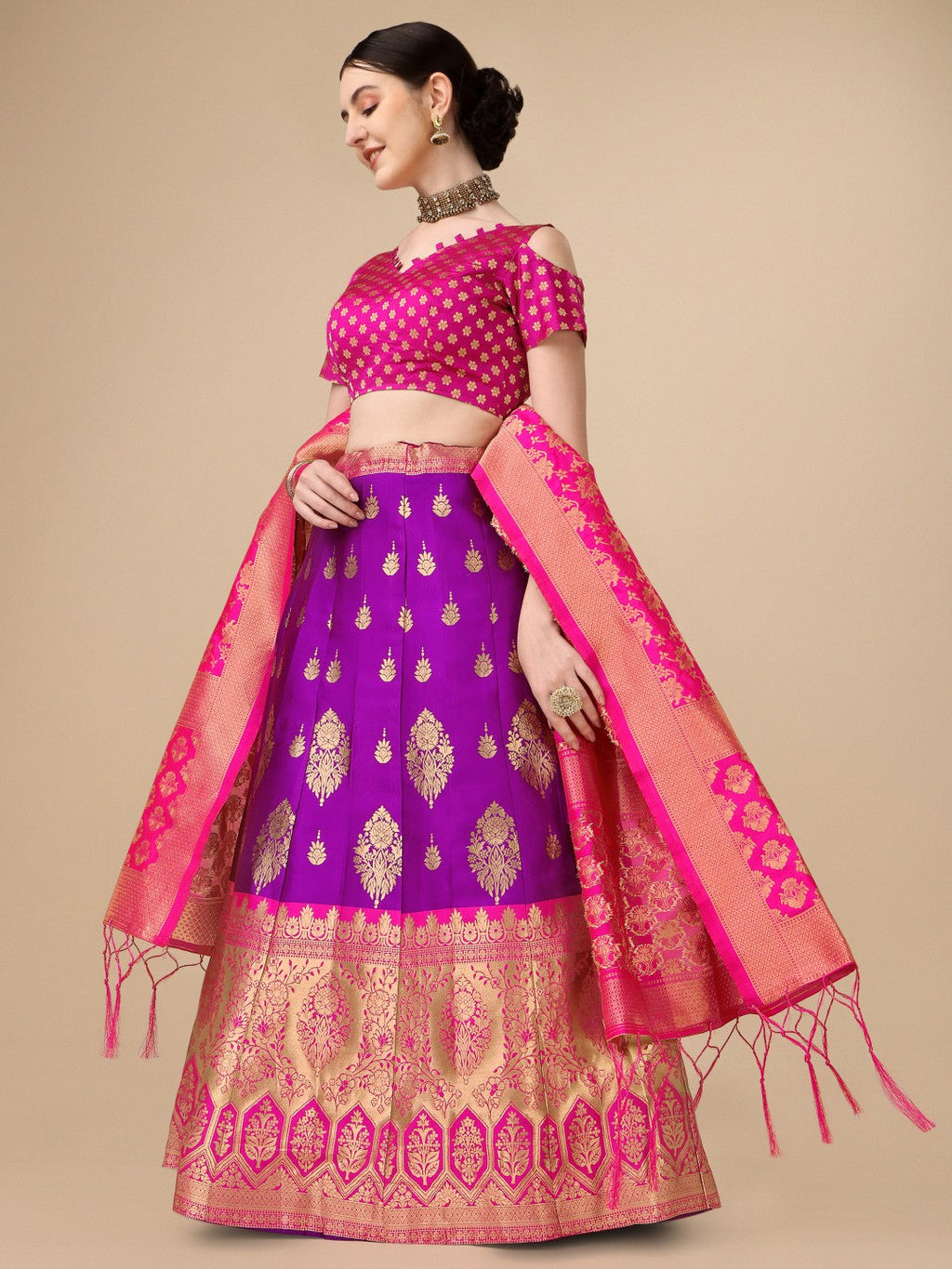 Purple Brocade Jacquard Lehenga Set with Unstitched Blouse
