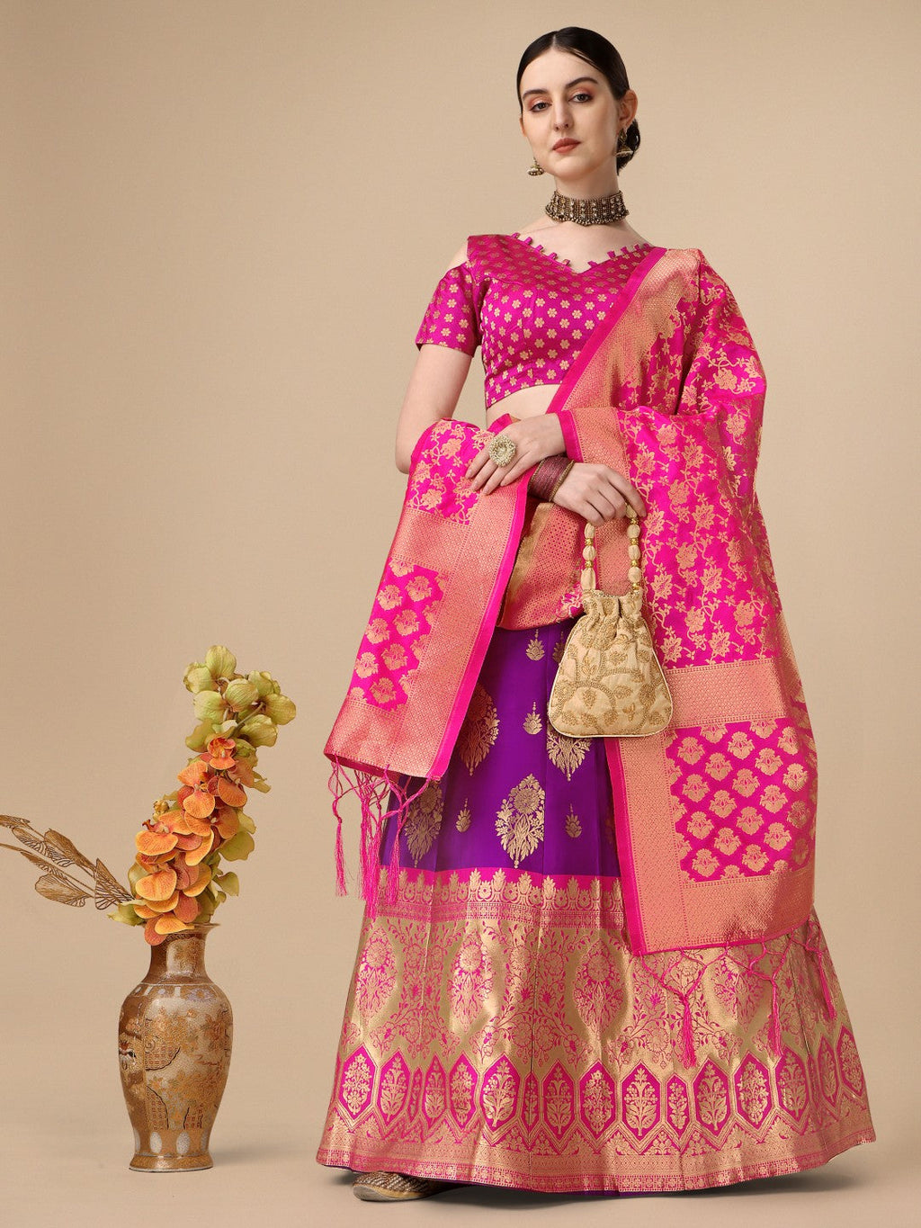 Purple Brocade Jacquard Lehenga Set with Unstitched Blouse