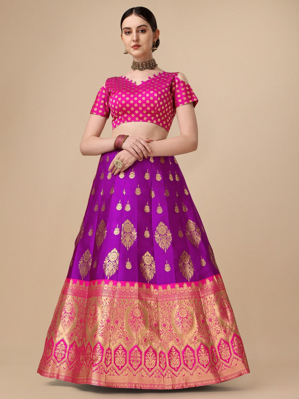 Purple Brocade Jacquard Lehenga Set with Unstitched Blouse