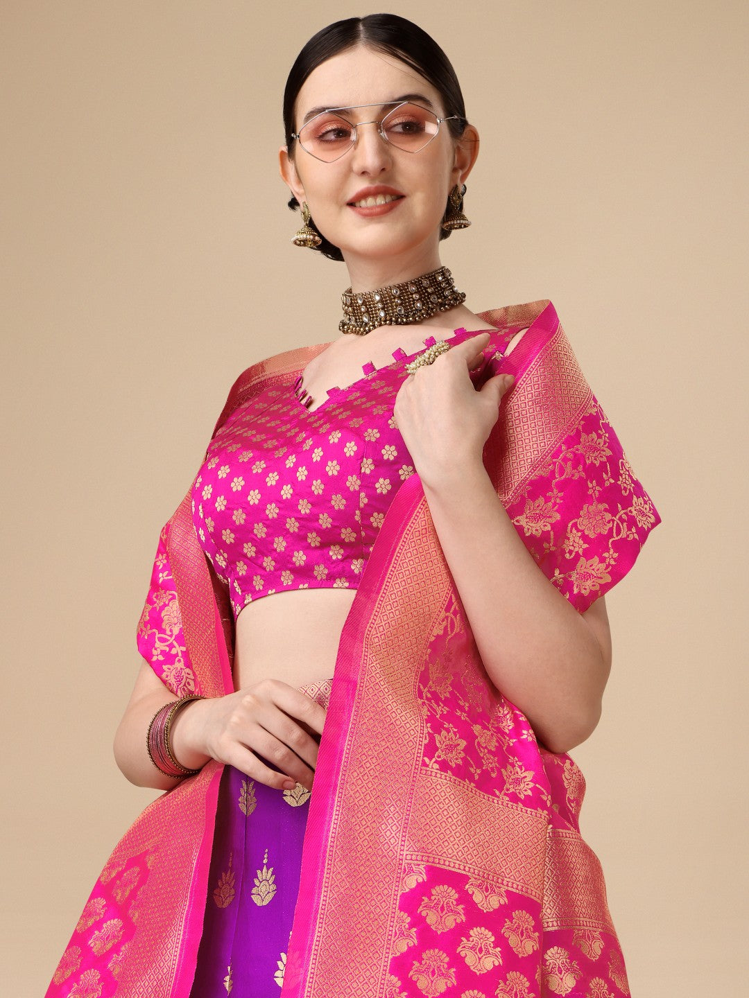 Purple Brocade Jacquard Lehenga Set with Unstitched Blouse