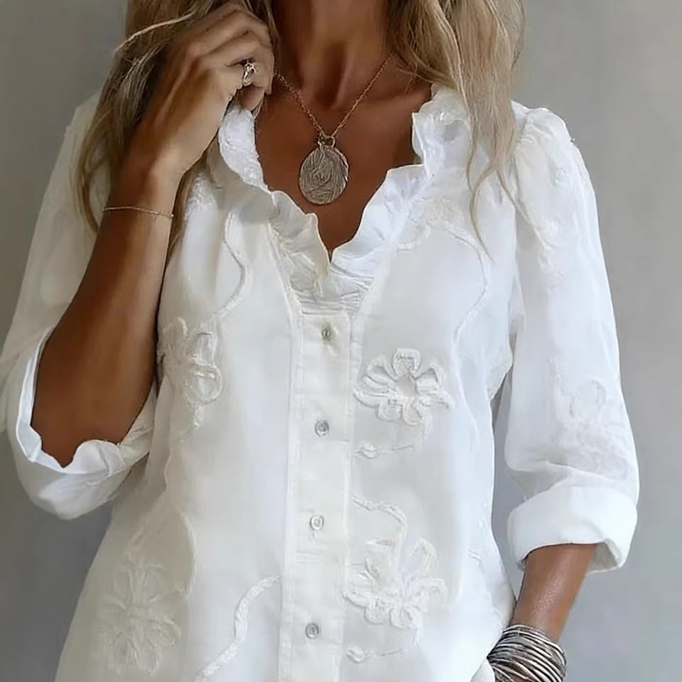 Women's Lace Embroidered Cotton Linen Blouse with Ruffled Neck - Image 4