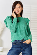 Ruffle Shoulder Long Sleeve T-Shirt | Stretchy Opaque Tee