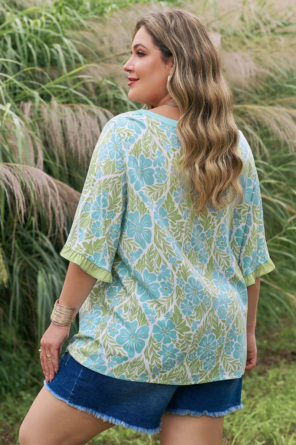 Elina Floral Short Sleeve Blouse with Ruffled Trim and Color Block