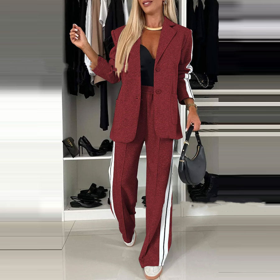 Women's Elegant Gray Flannel Suit Set with Athletic Stripe Trim