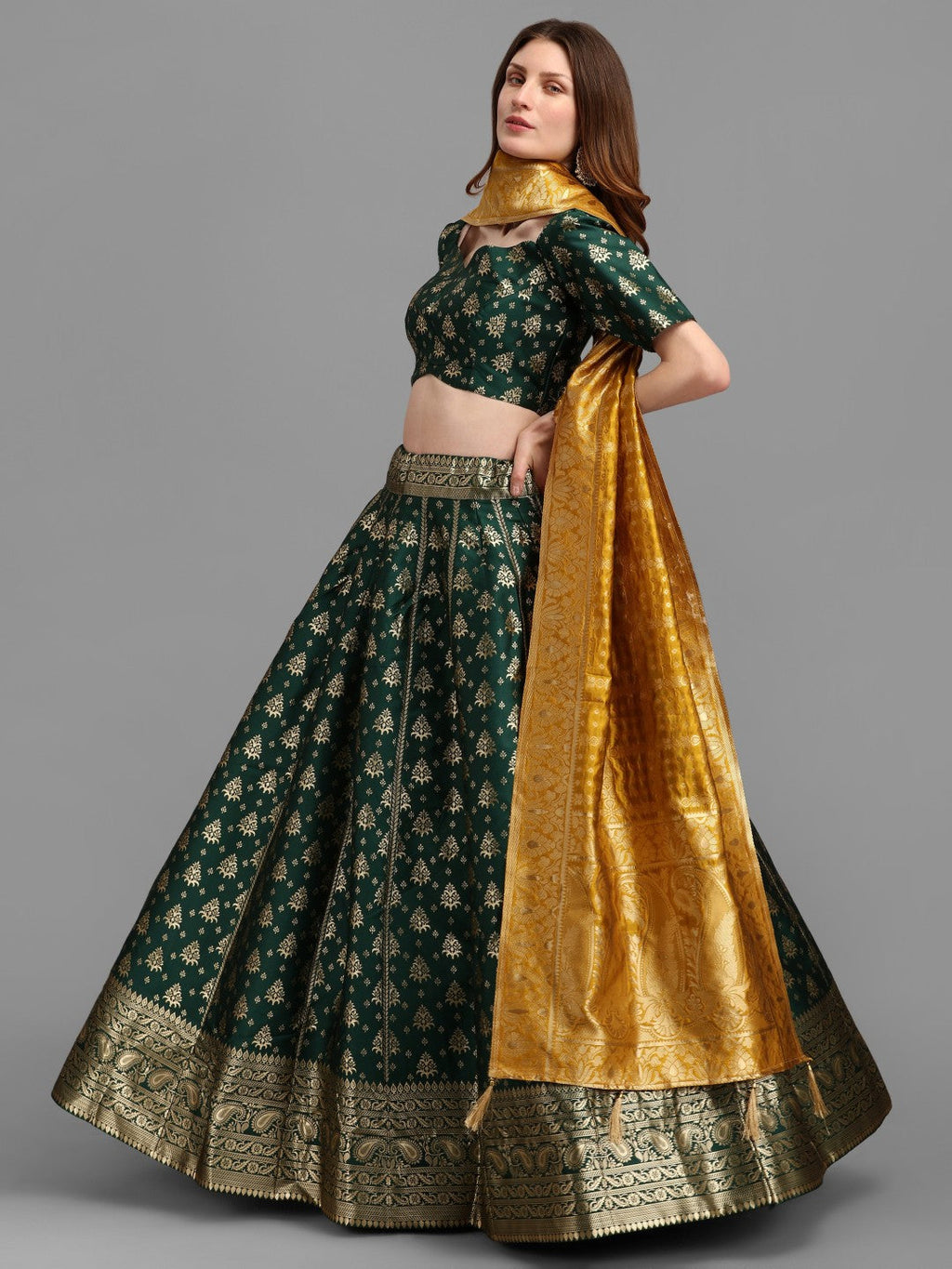 Green brocade lehenga set with silk blouse fabric and Banarasi silk dupatta
