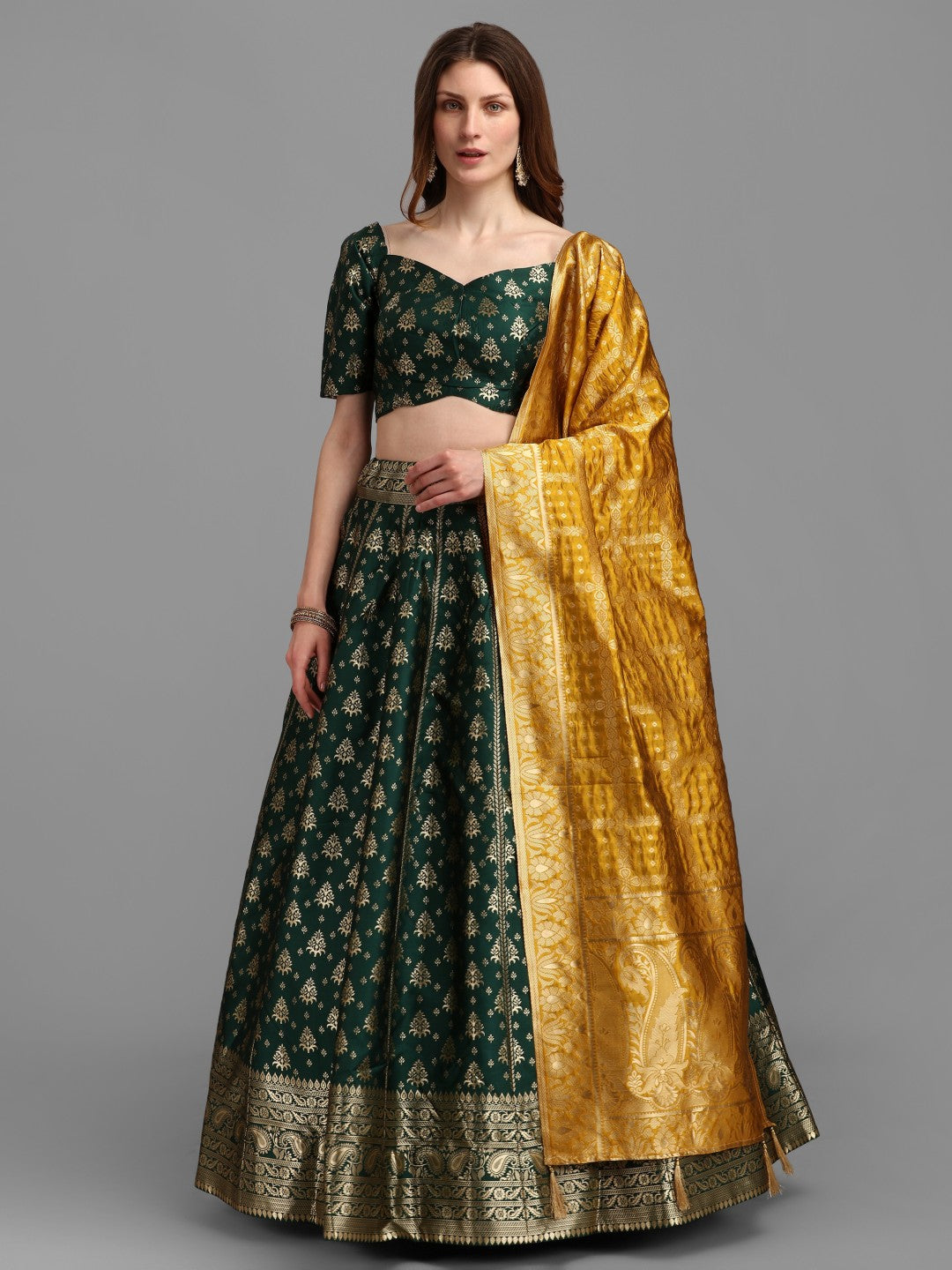 Green Brocade Lehenga Set with Unstitched Silk Blouse and Dupatta