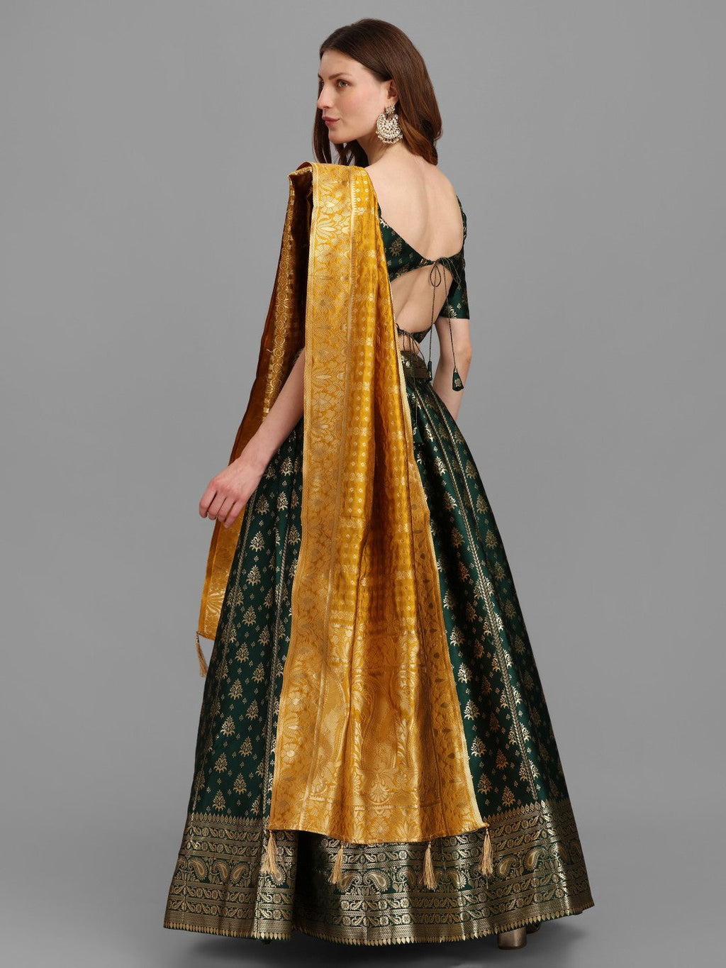 Green Brocade Lehenga Set with Unstitched Silk Blouse and Dupatta