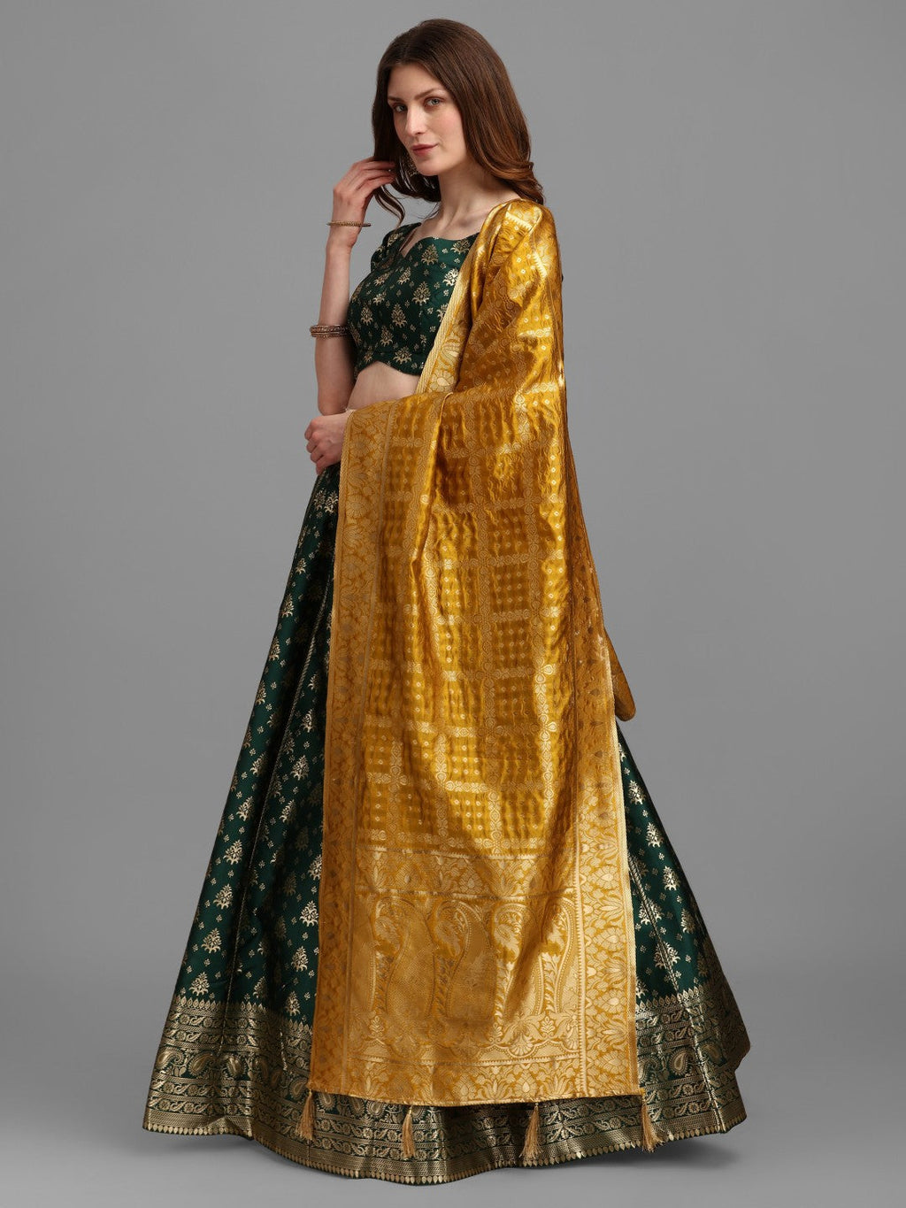 Green Brocade Lehenga Set with Unstitched Silk Blouse and Dupatta