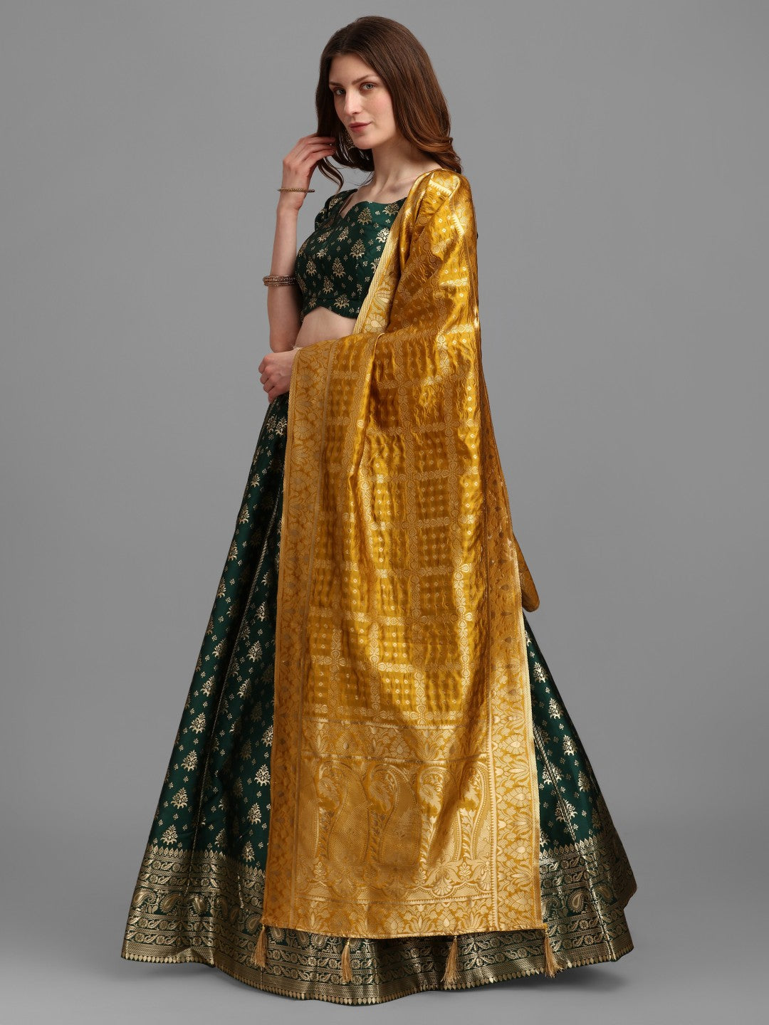 Green Brocade Lehenga Set with Unstitched Silk Blouse and Dupatta