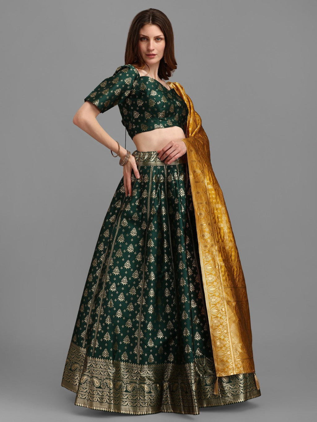 Green Brocade Lehenga Set with Unstitched Silk Blouse and Dupatta
