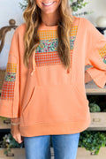 Grapefruit Orange Plaid Floral Patchwork Kangaroo Pocket Hooded Top