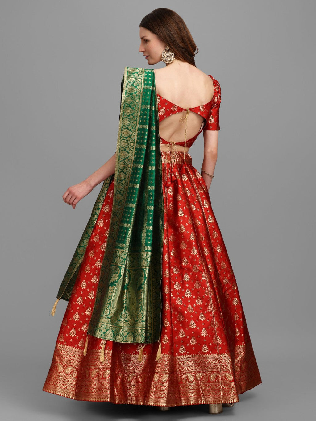 Red Brocade Jacquard Lehenga Choli Set with Dupatta