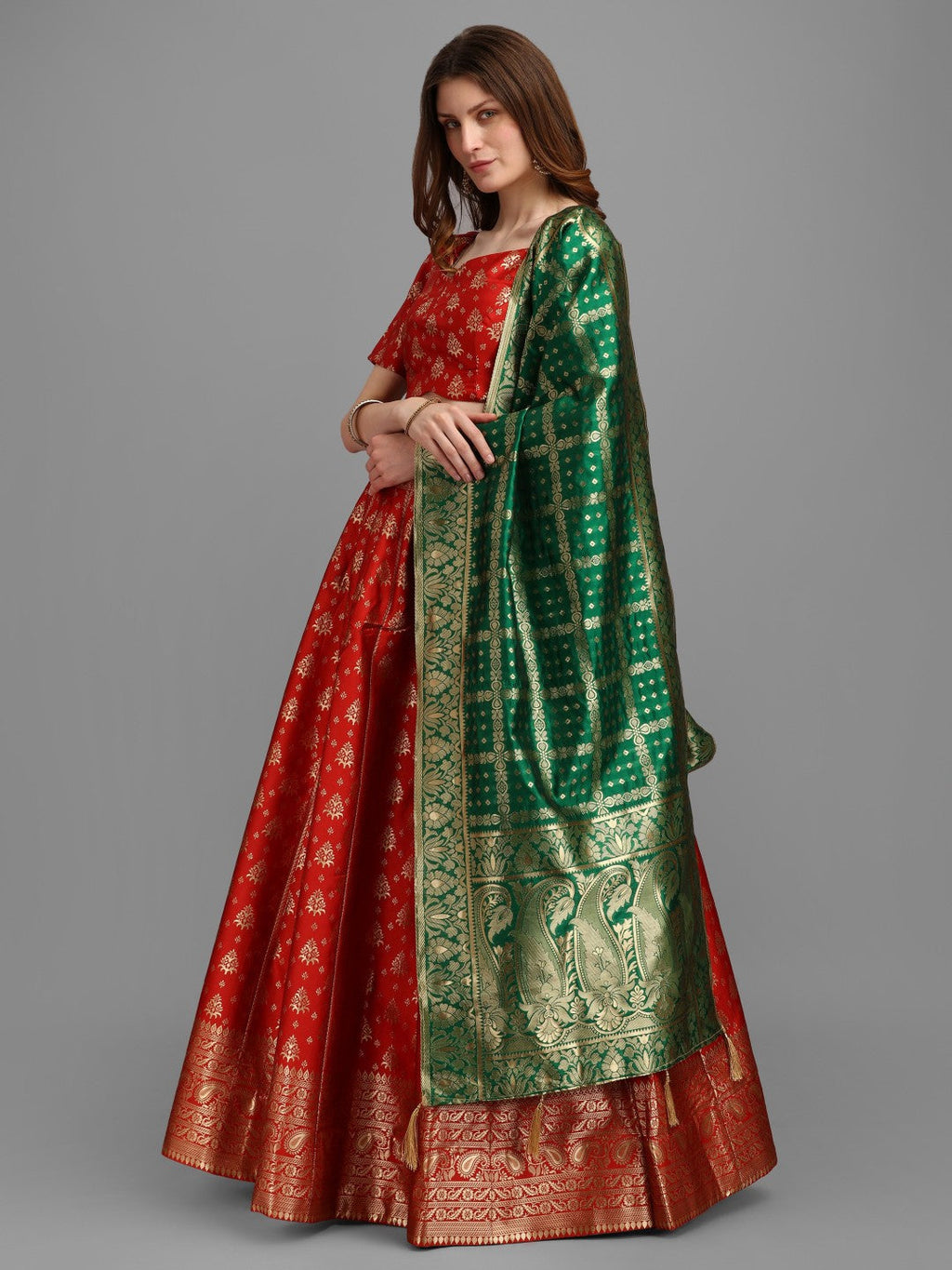 Red Brocade Jacquard Lehenga Choli Set with Dupatta