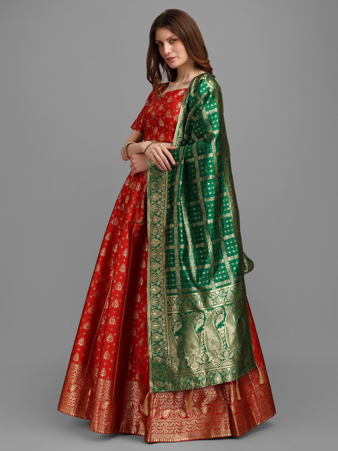 Red Brocade Jacquard Lehenga Choli Set with Dupatta