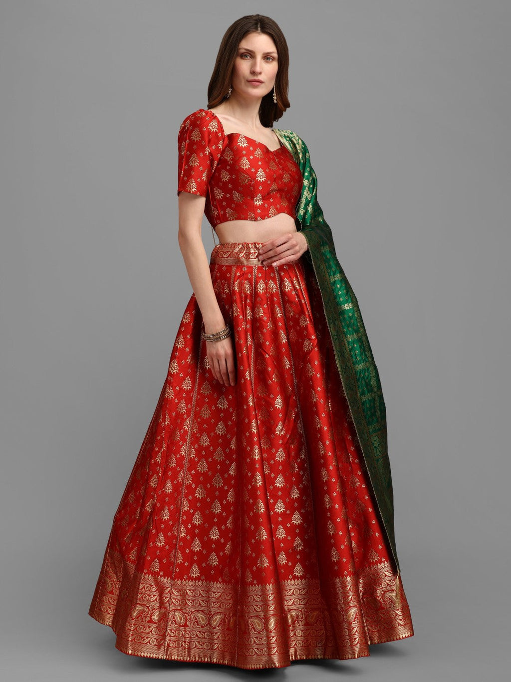 Red Brocade Jacquard Lehenga Choli Set with Dupatta