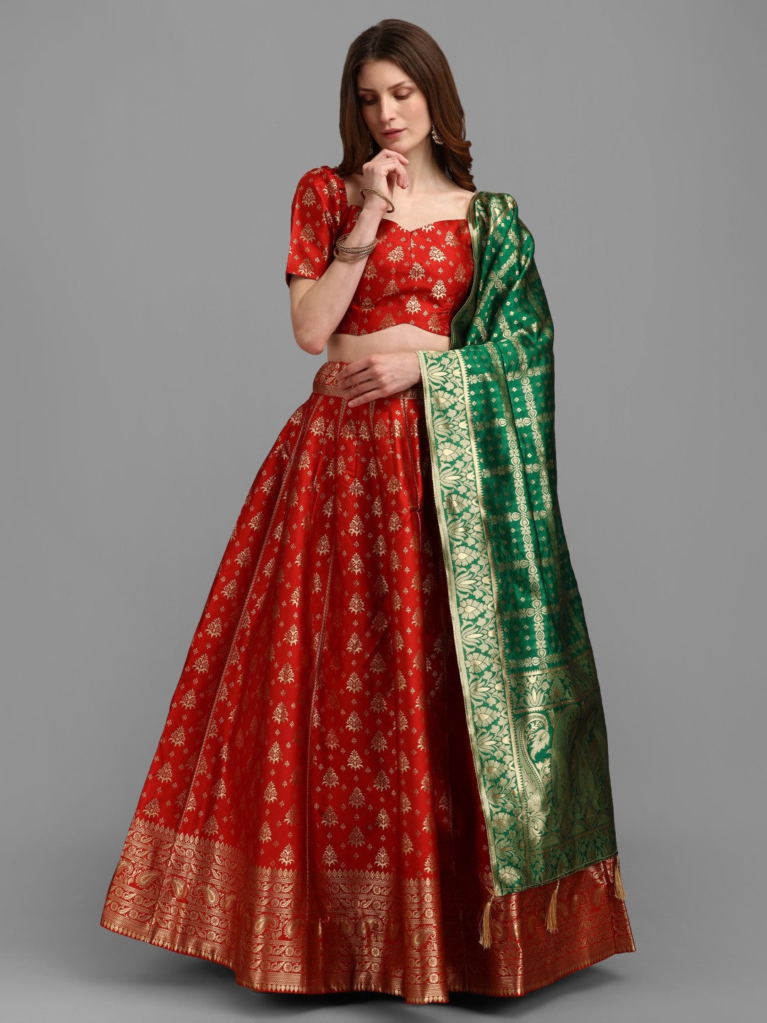 Red Brocade Jacquard Lehenga Choli Set with Dupatta