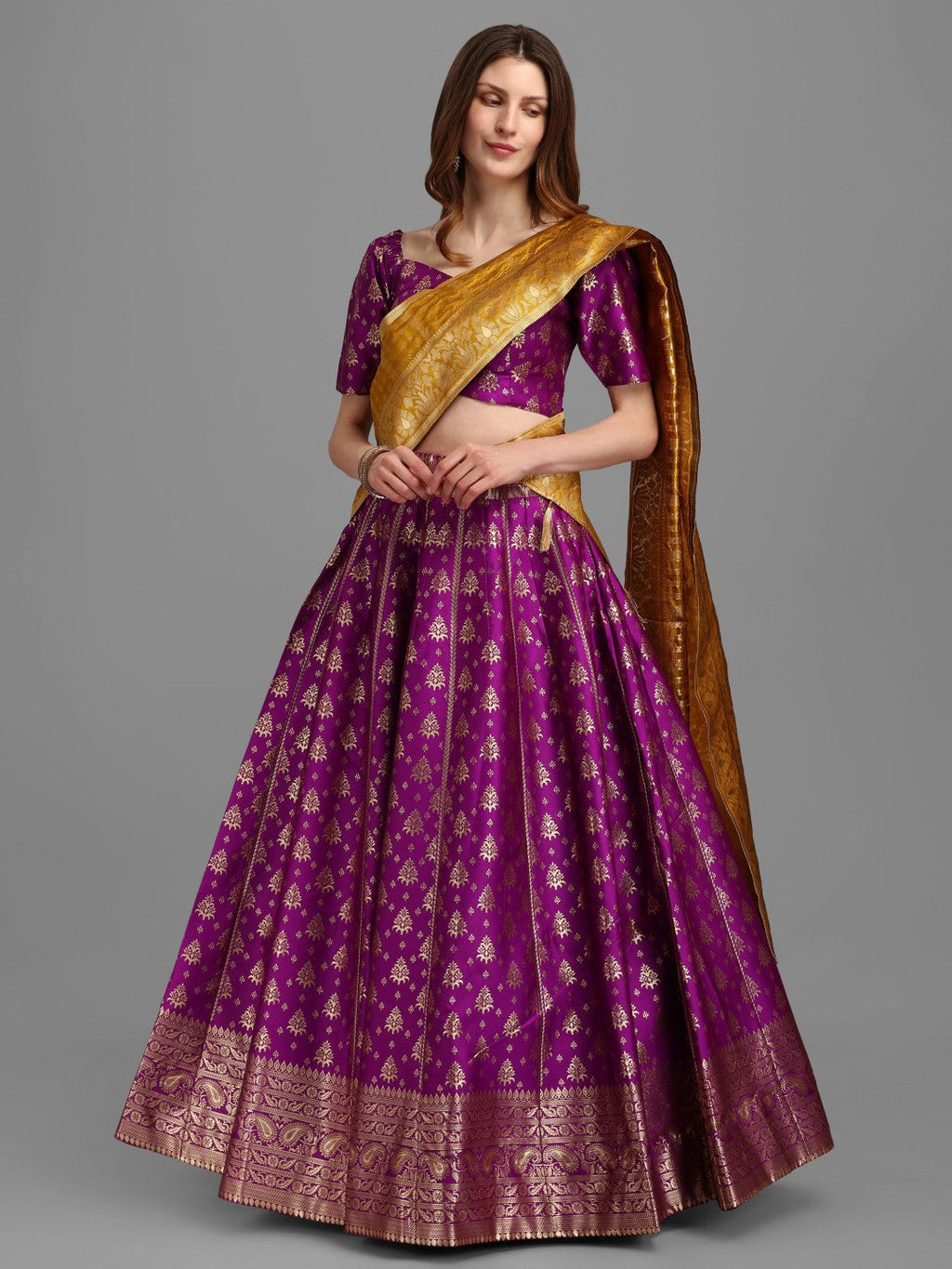 Purple brocade lehenga choli set with matching dupatta and unstitched blouse