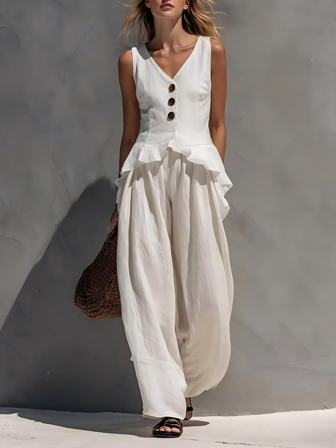 Button-Front Ruffled Tank Top and Wide-Leg Pants Set - Image 10