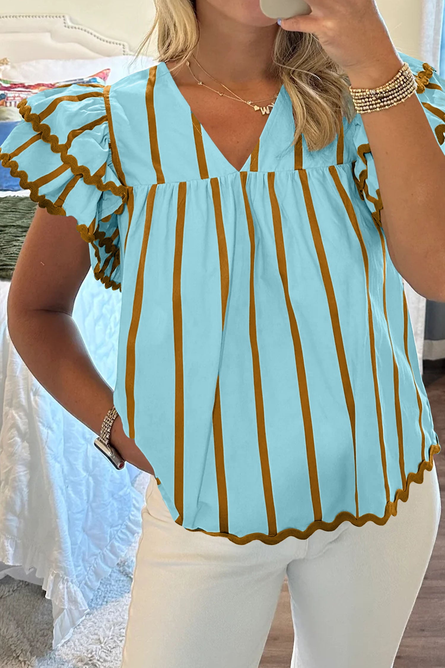 Sky Blue Stripe Ricrac Trim Double Ruffled Short Sleeve V Neck Blouse