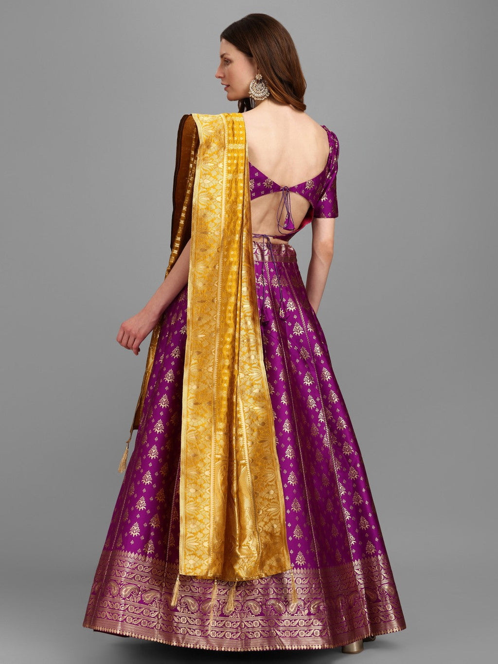 Purple Brocade Lehenga Choli Set with Unstitched Blouse