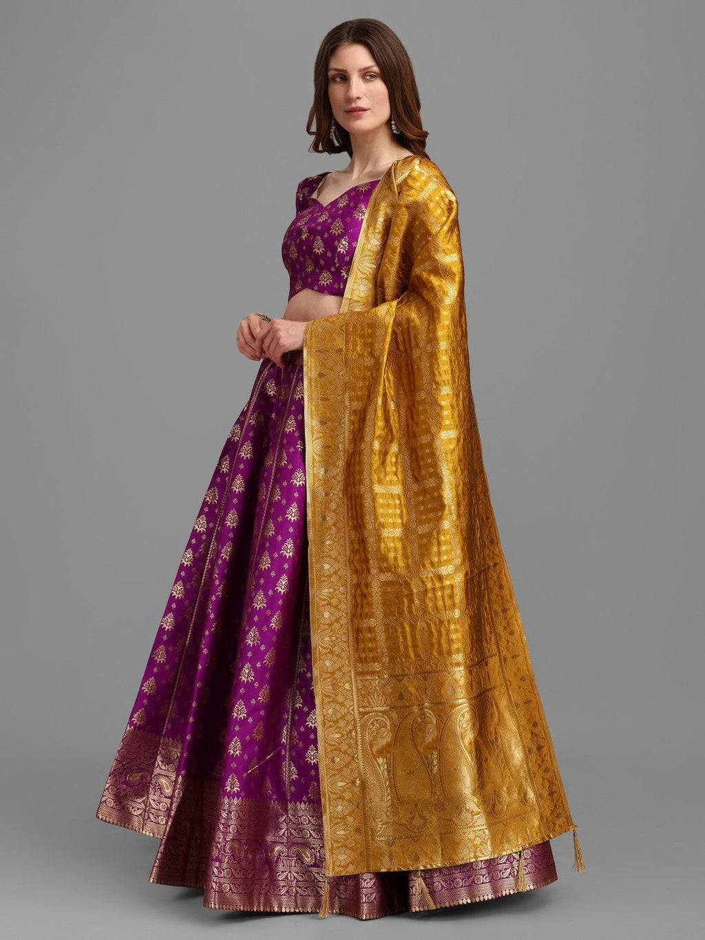 Purple Brocade Lehenga Choli Set with Unstitched Blouse
