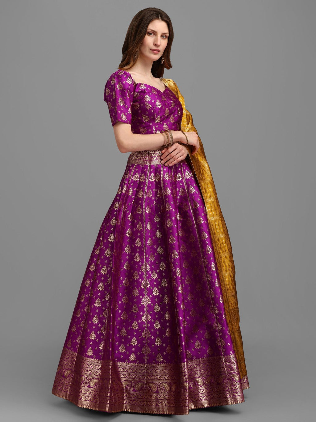 Purple Brocade Lehenga Choli Set with Unstitched Blouse