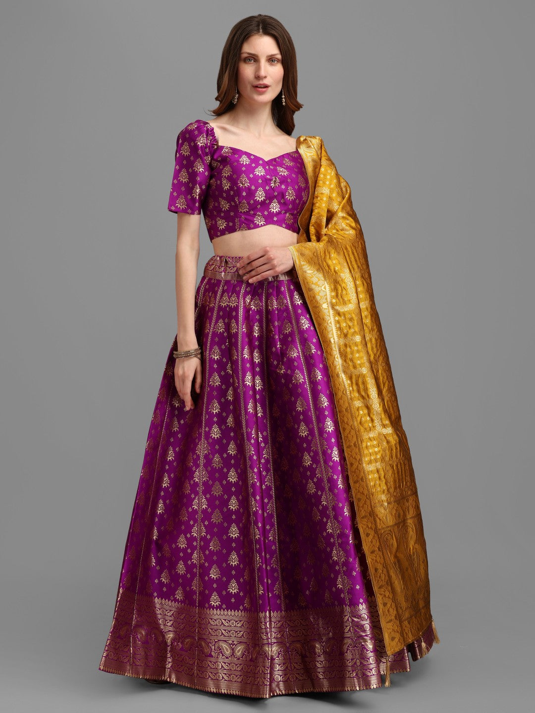 Purple Brocade Lehenga Choli Set with Unstitched Blouse