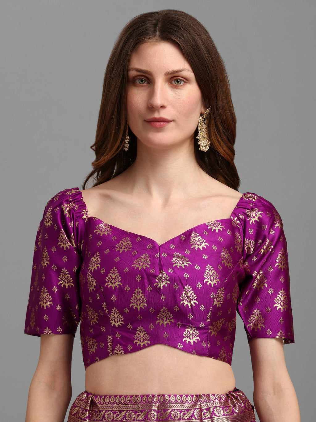 Purple Brocade Lehenga Choli Set with Unstitched Blouse