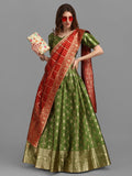 Mahendi colored Brocade lehenga with pure silk choli and Banarasi silk dupatta for festive events