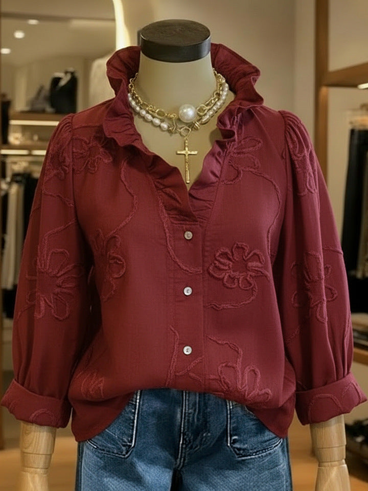 Women's Lace Embroidered Cotton Linen Blouse with Ruffled Neck - Image 9