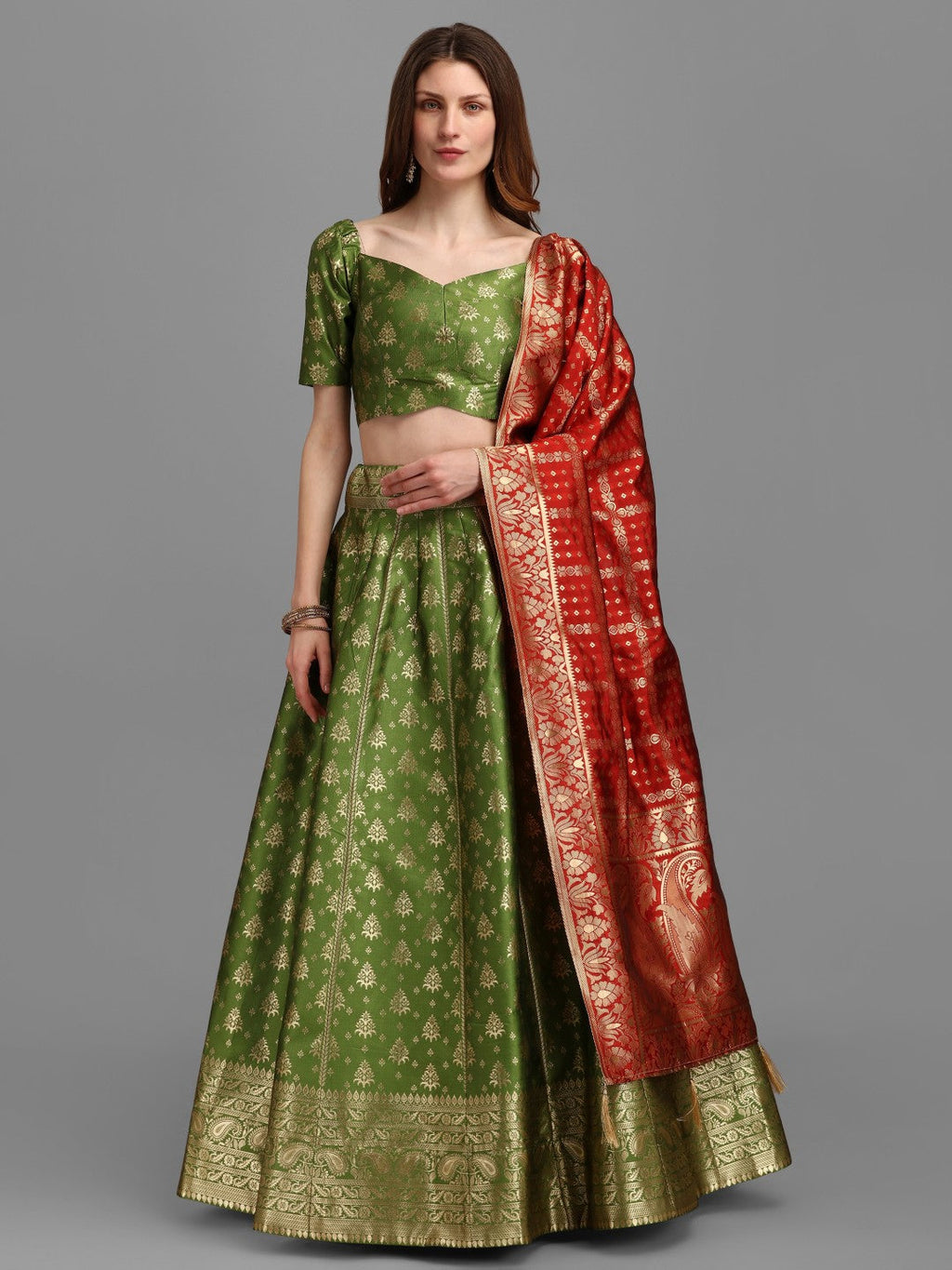 Mahendi Brocade Lehenga Set with Unstitched Blouse and Dupatta